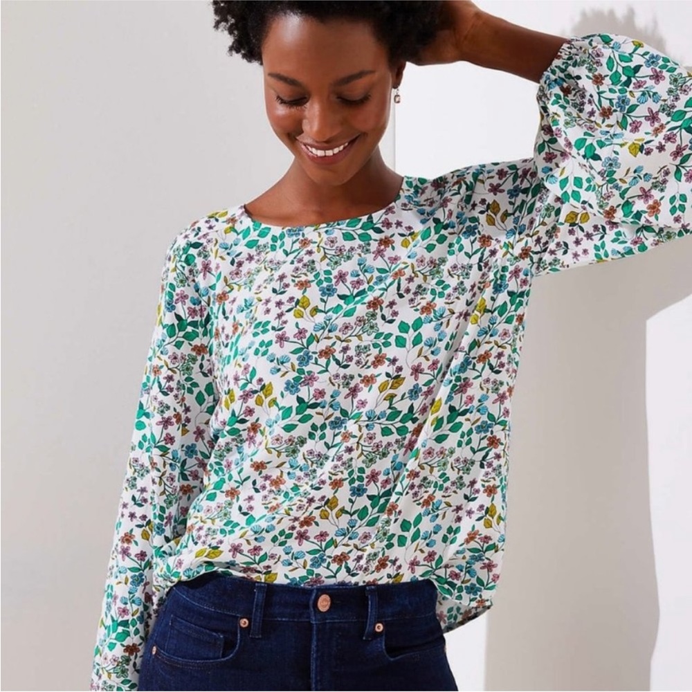Loft Balloon Sleeve Cuffed Top Blouse Garden Rose Floral Print